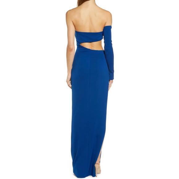 Katie May Blue Cut Out Strapless One Sleeve Side Slit Maxi Dress Gown Size M - Picture 2 of 6
